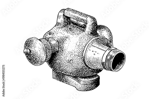 Vintage fire hydrant adapter or nozzle head drawing in engraving style