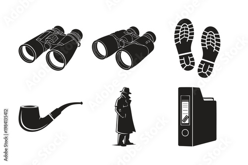 Detective silhouette set bundle with investigation and mystery objects.