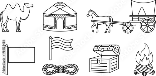 Collection of Minimalist Black and White Vector Icons Representing Nomadic Life and Desert Travel Elements