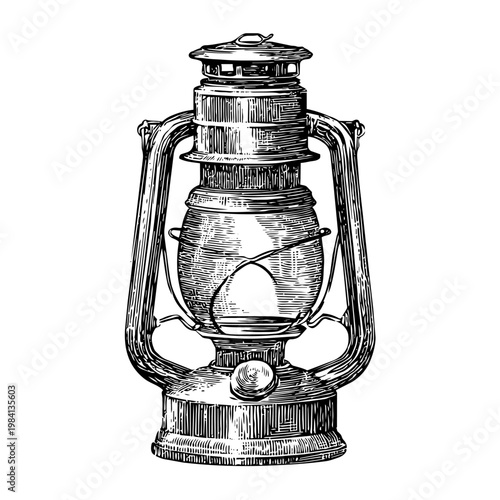 Vintage kerosene lamp or lantern in engraving style isolated vector illustration for antique lighting