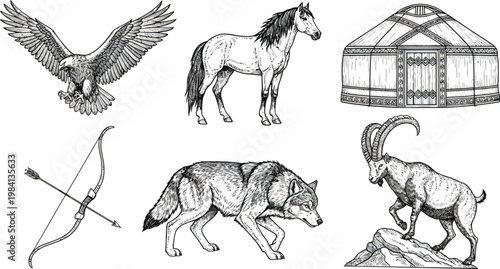 Detailed Hand Drawn Vector Illustration Set of Nomadic Wildlife Symbols and Traditional Central Asian Cultural Elements