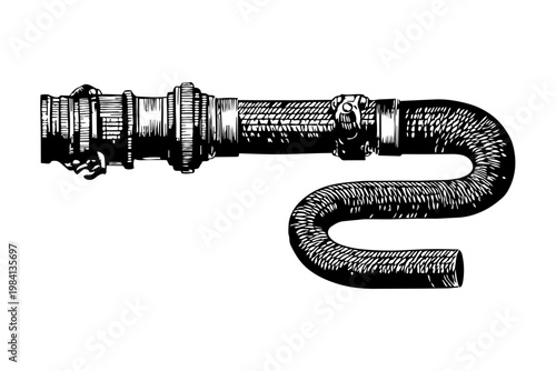 Flexible pipe or hose with brass fittings and metal clasps, vintage style