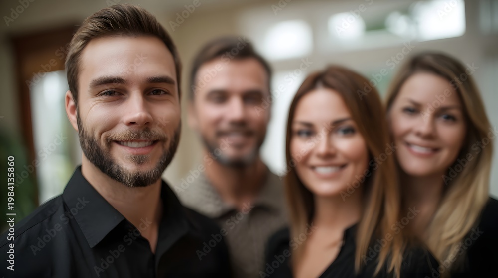 Obraz premium Three confident professionals posing together in a modern brightly lit indoor setting conveying themes of teamwork and success