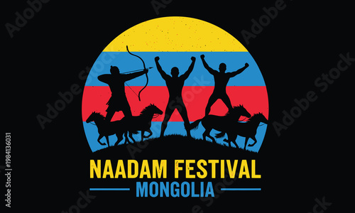 Naadam Festival Mongolia Vector Illustration Featuring Silhouettes of Archer Wrestlers and Horses on Colorful Background