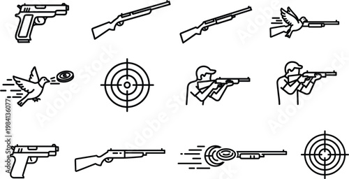 Shooting Sports Icon Set Featuring Handguns, Rifles, Targets, and Clay Pigeon Shooting for Sports, Hunting, and Recreation Design