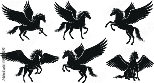 Pegasus Winged Horse Icon Set Featuring Flying, Rearing, and Sitting Poses for Mythology, Fantasy, and Animal Illustrations