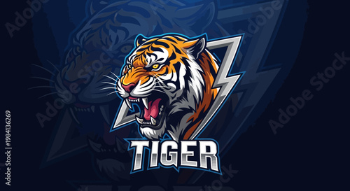 Graphic illustration of a roaring tiger head with lightning bolt