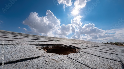 Damaged Asphalt Shingle Roof with Hole and Bright Sunny Blue Sky