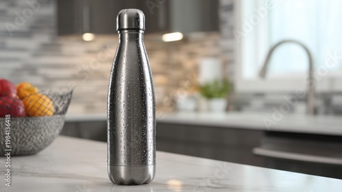 Sleek stainless steel water bottle covered in condensation, standing on a kitchen countertop