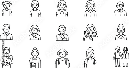 Family and People Icon Set with Different Age Groups and Relationships for Social, Family, and Healthcare Designs