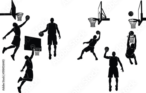 Basketball Player Silhouette Set with Dunking, Shooting, and Action Poses for Sports, Fitness, and Athletic Designs