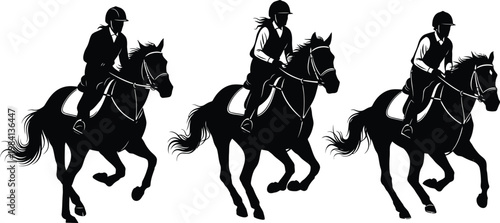 Three black silhouettes of equestrian riders galloping on horses in a clean minimalist vector style