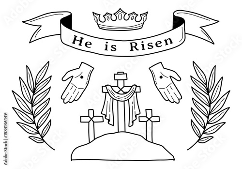 Religious Easter outline set. Christian faith icon elements: cross, palm leaves, crown. Faith, religion, communion concept vector set.