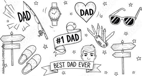 Hand drawn father's day doodle set celebrating dad with whimsical illustrations