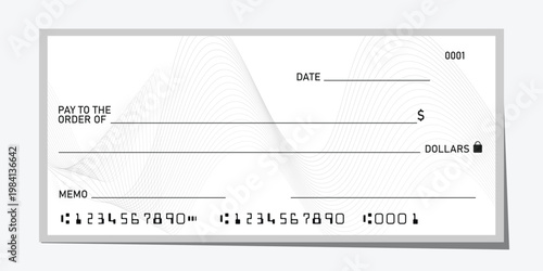 Blank bank check, checkbook cheque template with white guilloche, vector mockup.