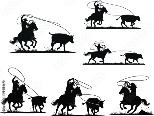 Black and White Silhouette Illustrations of Cowboy Roping Cattle for Rodeo, Western, and Farming Designs