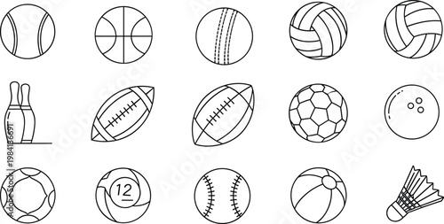 Sports Ball Icon Set with Basketball, Football, Soccer, Volleyball, Tennis, Baseball, Bowling, and Badminton in Clean Outline Vector Style