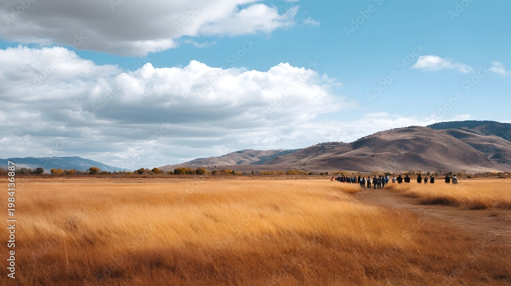 Obraz premium A vast golden prairie stretches toward rolling mountains under a dramatic blue sky dotted with white clouds