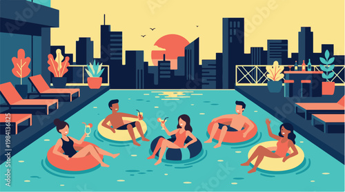ROOFTOP POOL PARTY WITH FRIENDS AT SUNSET IN URBAN CITY