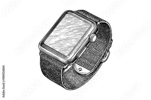Smartwatch engraved style vector illustration, modern wearable technology with strap