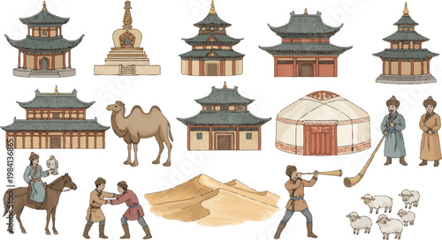 Traditional Mongolian nomadic life vector icons featuring pagodas yurts camels and cultural figures