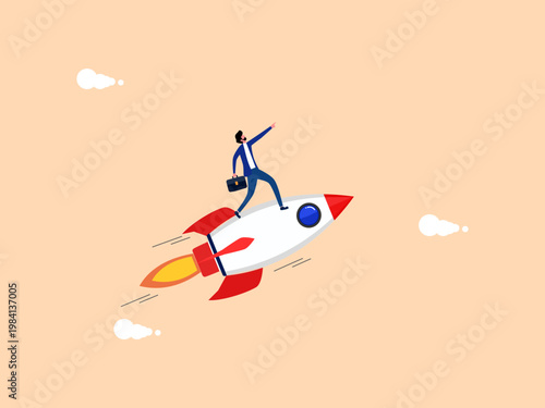 businessman directs the rocket to take off.