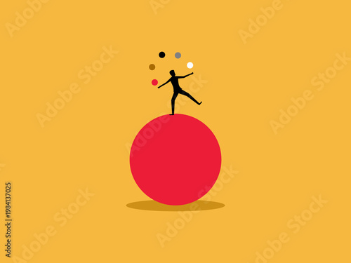 Multitasking ,training, businessman is juggling multiple balls while balancing on a large ball