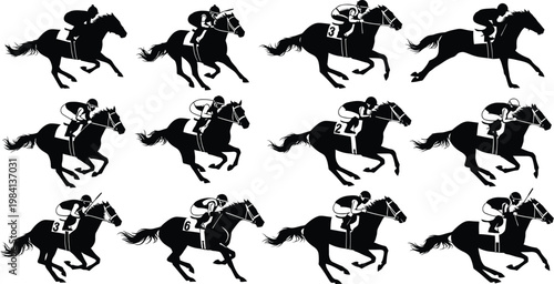 Twelve vector silhouettes of jockeys riding galloping horses in a professional competitive racing sequence