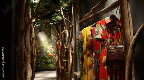 Rustic Open-Fronted Closet with Vibrant Floral Dresses in a Natural Boutique Setting