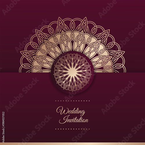 Elegant Maroon Wedding Invitation Card with Luxury Golden Circular Mandala Ornament Decoration
