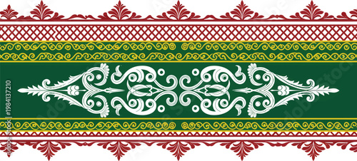 Traditional Ornamental Vector Border with Green Background and Intricate White Filigree Scrollwork Design