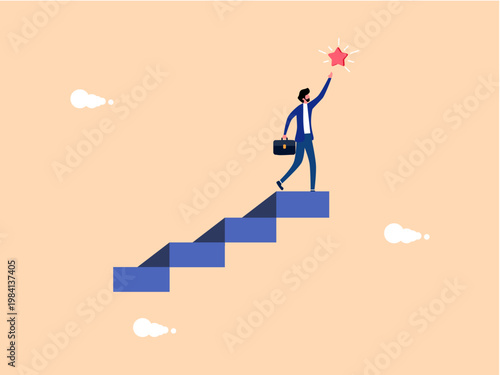 businessman on the ladder reaches out and grabs the star