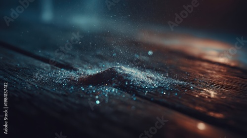 Close-up view of fine flour particles scattered across a textured wooden surface with sparkling light effects