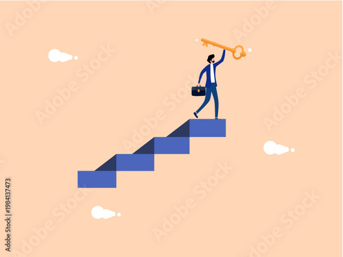 businessman stands holding the key to his success on a ladder
