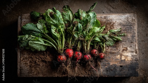 Freshly Harvested Red Radishes with Green Leaves Resting on a Rustic Wooden Surface