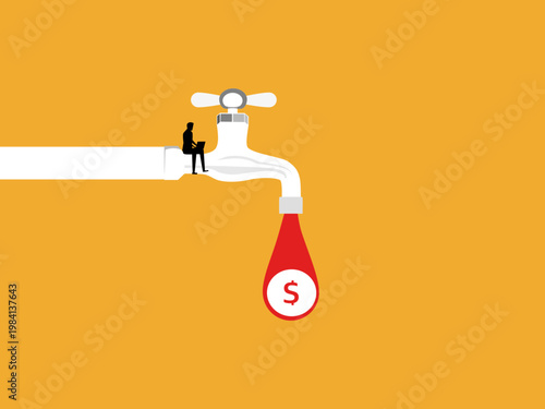 Businessmen use laptops to control the flow of money from their taps