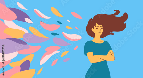 Woman experiencing emotions with colorful feelings.