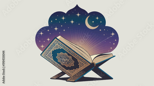 Islamic holy quran on a stand under a starry night sky with moon holy book crescent moon islamic art arabian nights religious spirituality