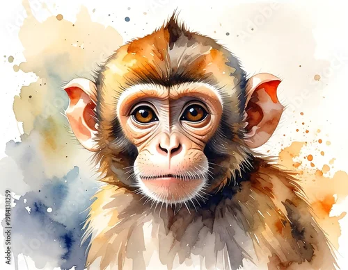 Fototapeta samoprzylepna Watercolor portrait of a curious primate, with expressive eyes and textured fur detail