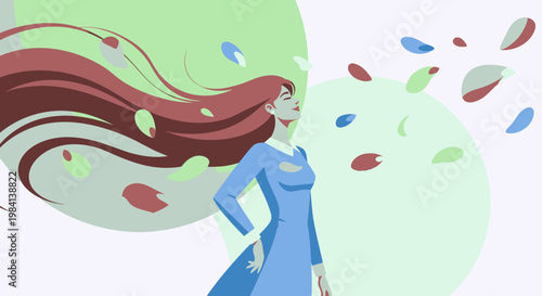 Woman with long flowing red hair and blue dress standing in a whimsical setting.