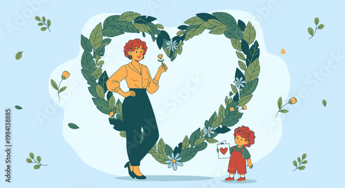 Mother and child in heart shaped wreath.