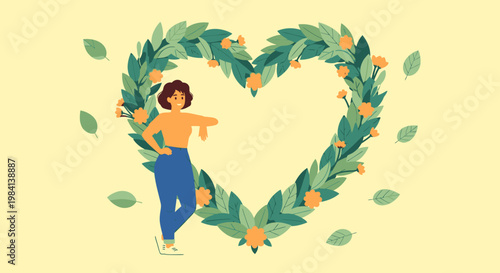 Картината върху платно Woman standing in heart shaped leafy frame.