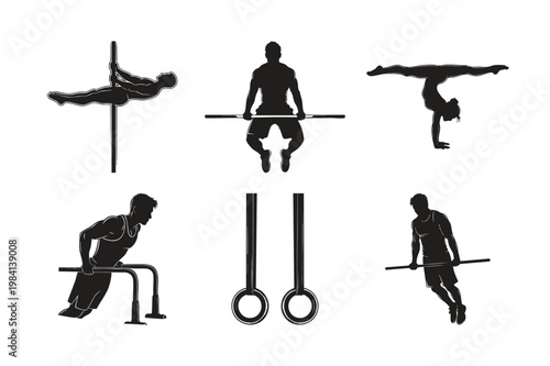 Silhouette set bundle of calisthenics athletes performing exercises.