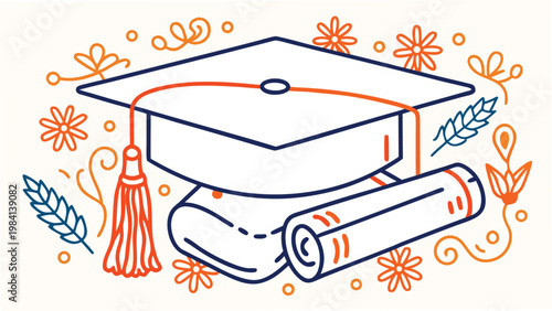 Ornate line art illustration of graduation cap and diploma surrounded by floral decorations