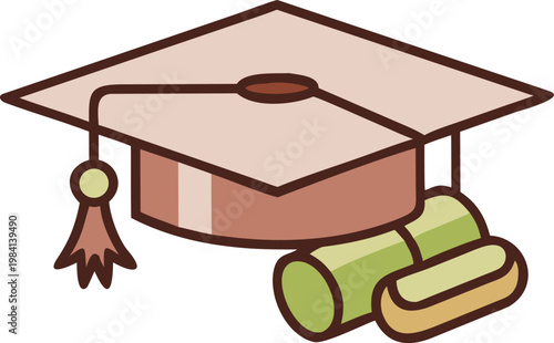 Academic mortarboard with rolled diploma in soft pastel brown and green tones for graduates