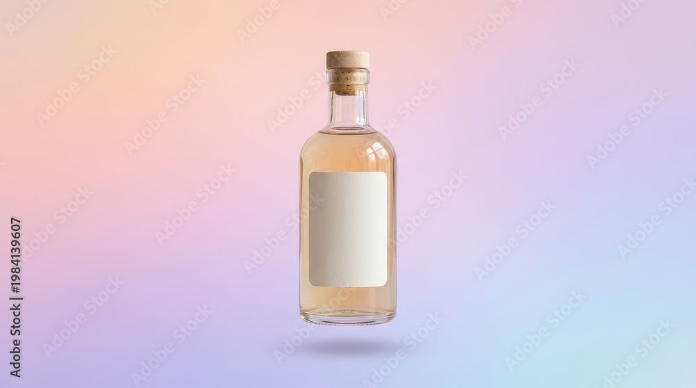 Naklejka premium Clear glass bottle with blank label and cork on pastel gradient