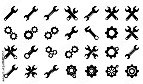 Wrench and Gear Silhouette Icon Set with Crossed Tools, Cog Wheels, and Mechanic Settings Symbol Designs