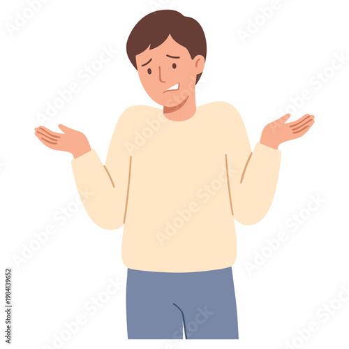 A man shows confusion with raised hands and a puzzled expression on his face.