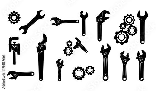 Wrench and Repair Tool Silhouette Icon Set with Spanner, Gear, Pipe Wrench, and Mechanic Equipment Symbols