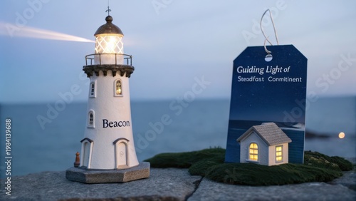 Miniature Lighthouse with Card by Ocean at Dusk for Inspirational Decor